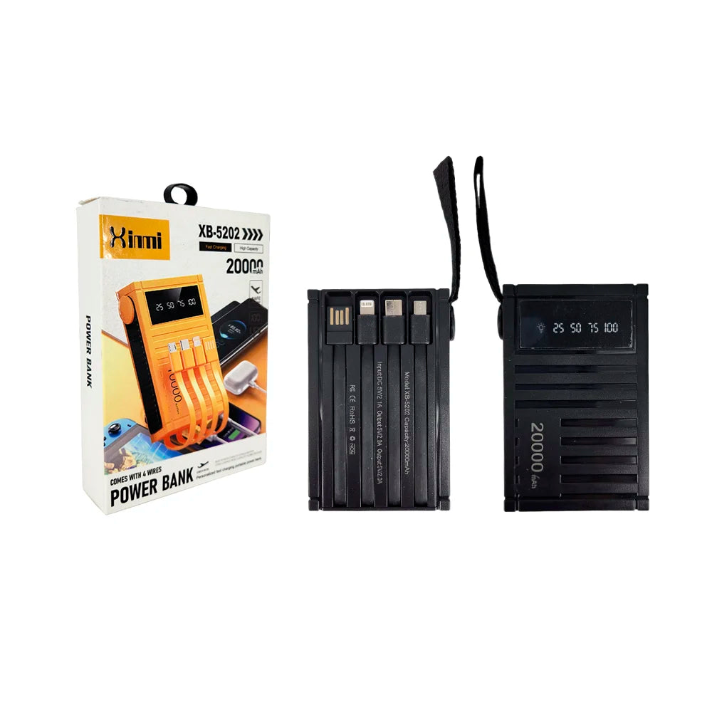 Power bank de 20000mah con y cables de carga, v8, tipo c, usb y lightning, variedad de colores / xb-5202